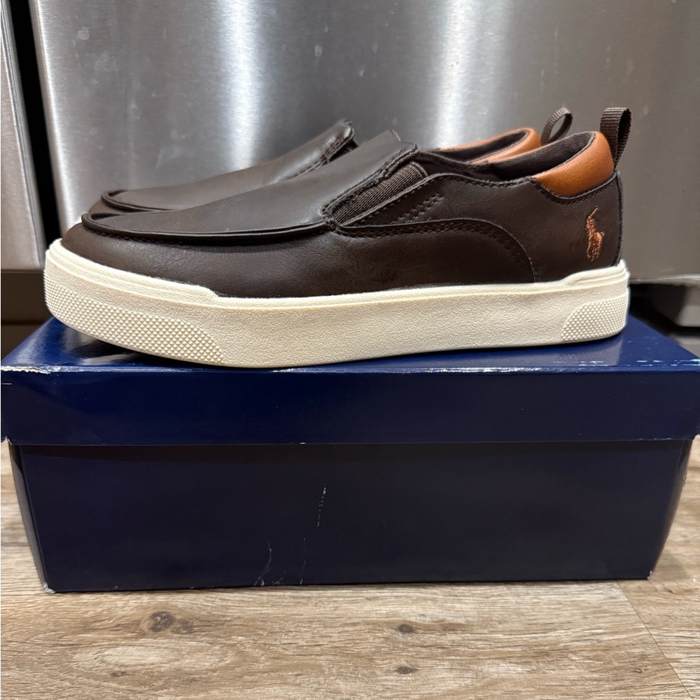 New In Box Polo Ralph Lauren Boys Chocolate/Tan Filip Slip on Shoes size 2.5